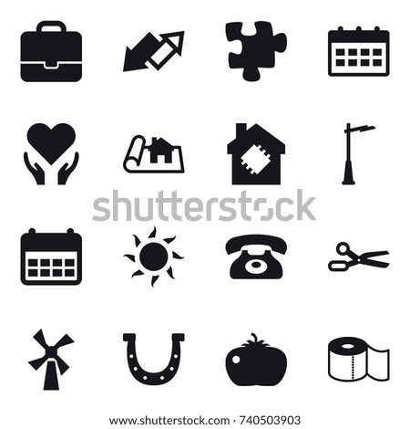 16 vector icon set : portfolio, up down arrow, puzzle, calendar, project, smart house, outdoor light, sun, phone, scissors, windmill, horseshoe, tomato, toilet paper