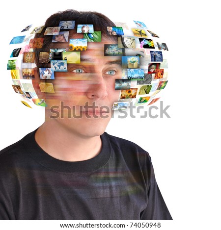 A technology man has images around his head. Use it for a communication or tv concept. Royalty-Free Stock Photo #74050948