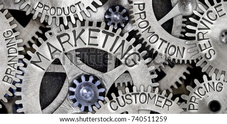Macro photo of tooth wheel mechanism with MARKETING, CUSTOMER, PROMOTION, SERVICE, PRICING, PRODUCT and BRANDING words imprinted on metal surface