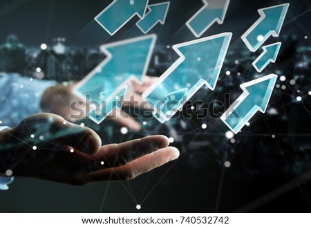 Businessman on blurred background using digital modern arrow 3D rendering
