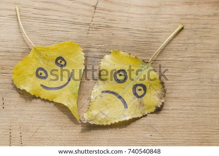 Yellow leaves with a picture of happy and sad on an old wooden background with cracks