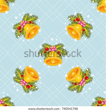 Seamless pattern with Golden christmas bells with Christmas tree branch Vector Illustration EPS8