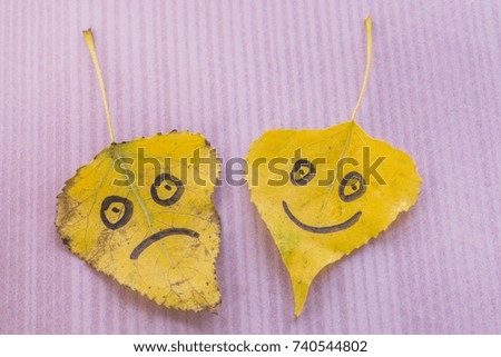 Yellow leaf with a picture of a merry and sad face on a pink white background