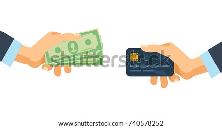 Hands holding credit plastic card and money bills. Concept of financial operations, transactions, investments and cash turnover. Cash and non-cash money turnover. Vector illustration isolated. Royalty-Free Stock Photo #740578252