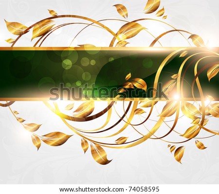 Spring green golden card with seamless ornament at background and sun shine. eps 10