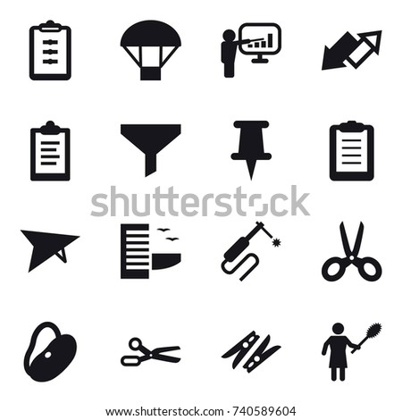 16 vector icon set : clipboard, parachute, presentation, up down arrow, funnel, deltaplane, hotel, scissors, clothespin, woman with pipidaster