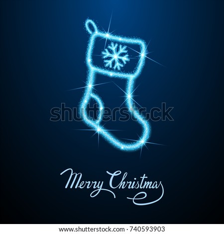 Abstract sparks light in form of Christmas sock icon. Holiday particles mesh spheres from flying sparks. Merry Christmas and Happy New 2018 concept. Blue structure style line art vector illustration.