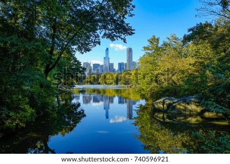 NEW YORK, USA - Oct 1,2017: Sunny day in New York City Central Park with Manhattan skyline and skyscrapers