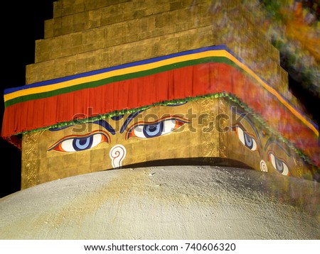 BOUDHANATH Stupa in KATHMANDU NEPAL, have Wisdom eyes meaning looking out from the four sides of the main tower. These are also known as all-seeing ability of the Buddha.
