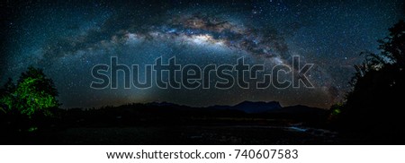 Beautiful stiched panorama nightscape with milkyway. Image contain noise due to high ISO and soft focus due to wide aperture
