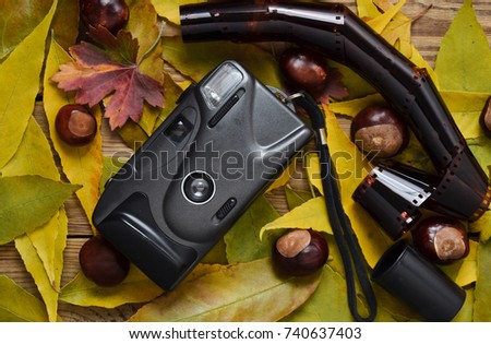 Plastic film camera chestnuts and film rolls among the autumn leaves  on a wooden table. Top view.