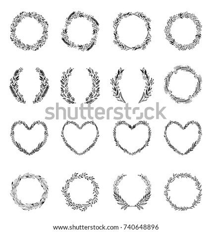 Hand sketched vector laurel wreaths with floral elements, flowers and leaves. Wild and free. Perfect for invitations, greeting cards, quotes, blogs, Wedding Frames, posters and more