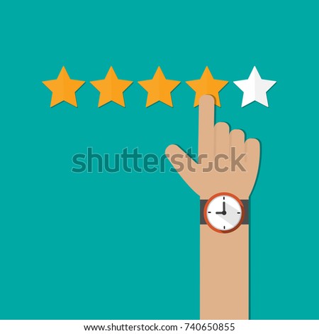 Hand pointing, finger pointing to five star rating. Feedback concept vector