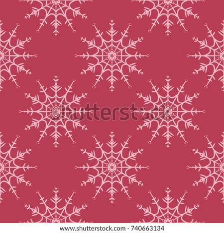 Snowflakes seamless pattern. Cherry red background with christmas elements. Vector illustration