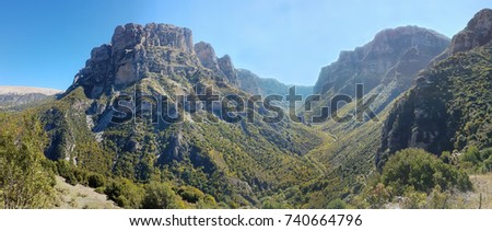 Panoramic view of Vikos Gorge at Zagoria in Pindus mountains of Epirus, northern Greece Royalty-Free Stock Photo #740664796