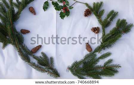 France, Rhone/Alps, Ferney Voltaire, October 2017: Christmas decorations - branch of Christmas tree branch with leaves and berries Holly and 6 cones around the place for text