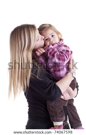 mother holding and kissing little girl