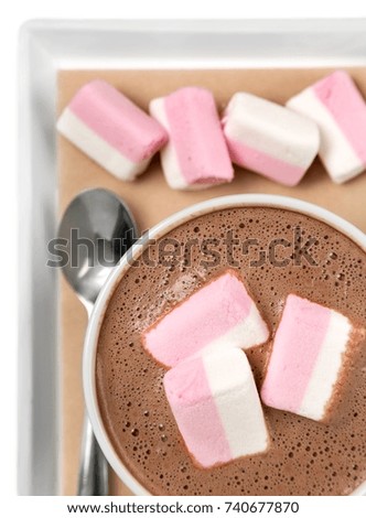 Cup with hot chocolate and marshmallows.