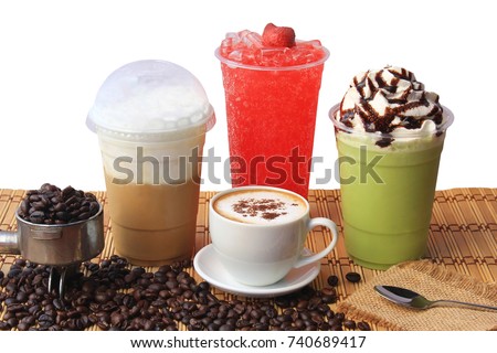 Hot coffee cup with coffee beans on the wooden table, Cold coffee, Iced matcha green tea and fruit soda for summer drink