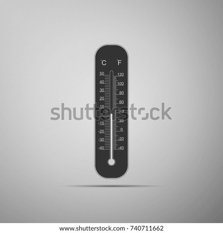 Celsius and fahrenheit meteorology thermometers measuring heat and cold icon isolated on grey background. Thermometer equipment showing hot or cold weather. Flat design. Vector Illustration