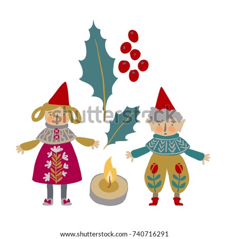 Scandinavian  Cristmas. Gnomes. Fairy tale. Fantastic character set. Magical Christmas stories clip art. 