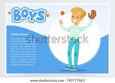 Boy palying baseball with glove and ball, boys banner for advertising brochure, promotional leaflet poster, presentation flat vector element for website or mobile app