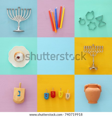 jewish holiday Hanukkah collage background with traditional spinnig top, menorah (traditional candelabra), doughnut and candles.