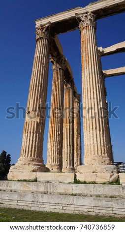  Spring 2017: Photo from iconic pillars of Temple of Olympian Zeus, Athens historic center, Attica, Greece                        