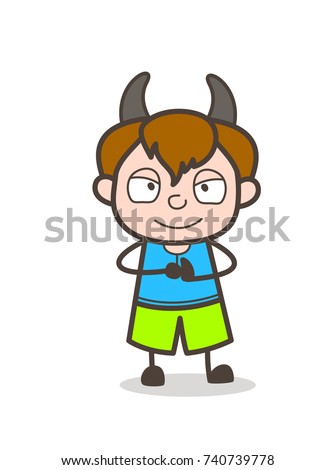 Devil Smiling Kid Face with Horns - Cute Cartoon Boy Illustration