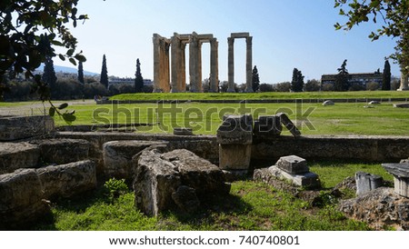 Spring 2017: Photo from iconic pillars of Temple of Olympian Zeus, Athens historic center, Attica, Greece                              