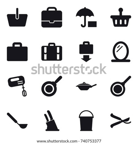 16 vector icon set : basket, portfolio, suitcase iocn, suitcase, baggage get, mirror, mixer, pan, ladle, knife holder, bucket, pruner