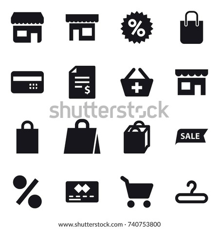 16 vector icon set : shop, percent, shopping bag, credit card, account balance, add to basket, sale, cart, hanger
