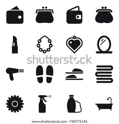 16 vector icon set : wallet, purse, lipstick, hawaiian wreath, heart pendant, mirror, hair dryer, slippers, towels, flower, sprayer, shampoo, bath