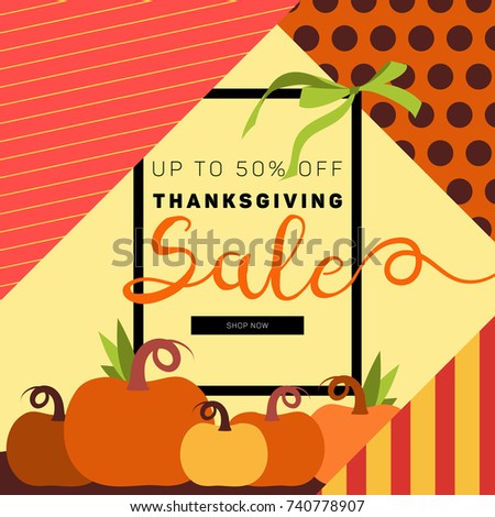 Thanksgiving (autumn, fall) sale brochure, design layout, banner, poster, flyer. Geometric figures with pattern, black frame with typography, flat pumpkins and bow