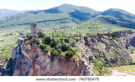 Tower on a beautiful rock, aerial view.