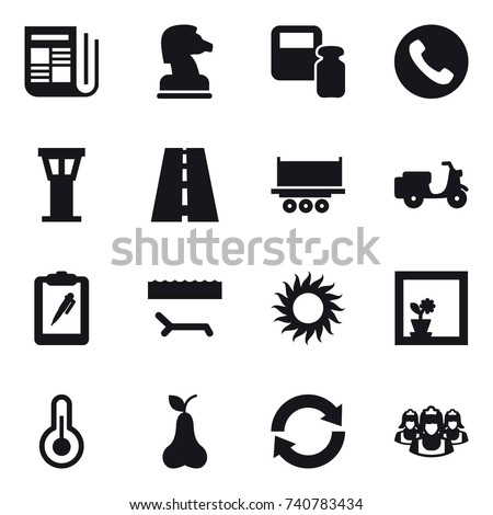 16 vector icon set : newspaper, chess horse, scales weight, phone, airport tower, lounger, sun, flower in window, pear, reload, outsource