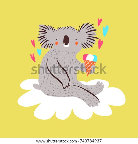 Cute baby koala with ice cream sitting on a cloud. Cartoon vector illustration.