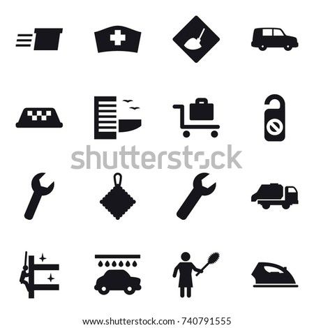 16 vector icon set : delivery, under construction, taxi, hotel, baggage trolley, do not distrub, rag, wrench, trash truck, skyscrapers cleaning, car wash, woman with pipidaster, iron
