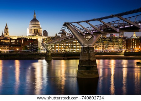 Millenium Bridge and St. Paul's Cathedral in London at night