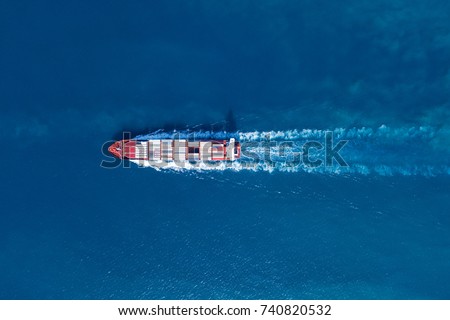 Large container ship at sea - Top down Aerial image Royalty-Free Stock Photo #740820532