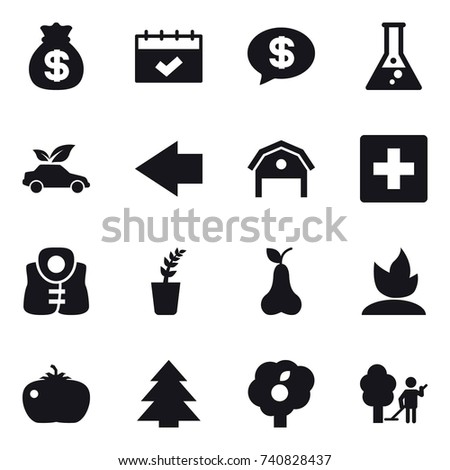 16 vector icon set : money bag, calendar, money message, flask, eco car, left arrow, barn, first aid, life vest, seedling, pear, sprouting, tomato, spruce, garden, garden cleaning