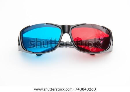 Three-dimensional glasses to watch a 3D movie on a white background.