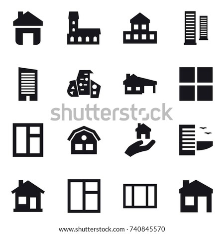16 vector icon set : home, mansion, cottage, skyscrapers, skyscraper, modern architecture, house with garage, window, house, real estate, hotel