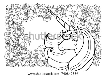 Unicorn, flower, floral pattern. Magical animal. Vector artwork. Black and white. Coloring book pages for adult and kids. Zentangle Illustration. Boho, bohemian. Fairy tale concept, amazing wonderland