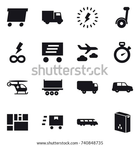 16 vector icon set : delivery, truck, lightning, infinity power, journey, stopwatch