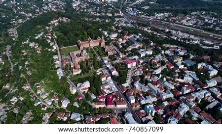 Aerial photo of chernivtsi national university of yuriy fedkovych. Buildings, railway station and  street of European city Chernivtsi.