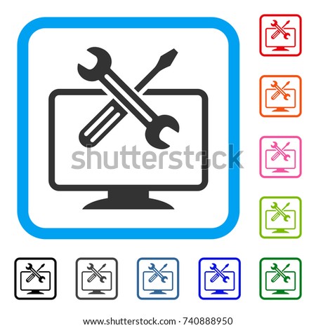 Computer Tools icon. Flat grey iconic symbol in a light blue rounded square. Black, gray, green, blue, red, orange color additional versions of Computer Tools vector.
