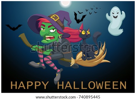 the witch flies on her broom. postcard a happy halloween. cat looking at a ghost