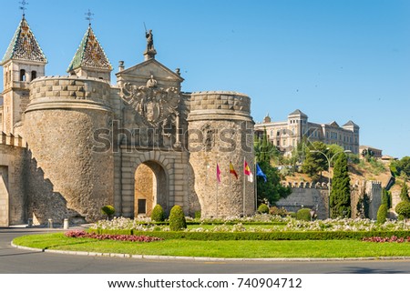 Puerta de Bisagra or Alfonso VI Gate  in city of Toledo, Spain. Royalty-Free Stock Photo #740904712