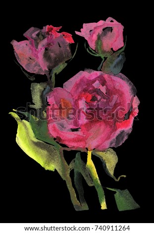 Watercolor drawing pink roses wedding illustration. Notebook сover clip art decoration invitation greeting card. Branch bouquet of flowers delicate petals painting floral elements isolated on black
